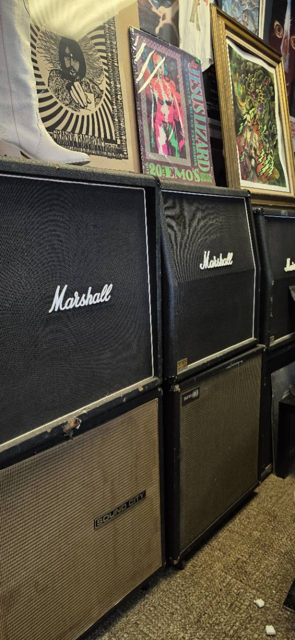 Marshall and Sound City amplifier cabinets in the store